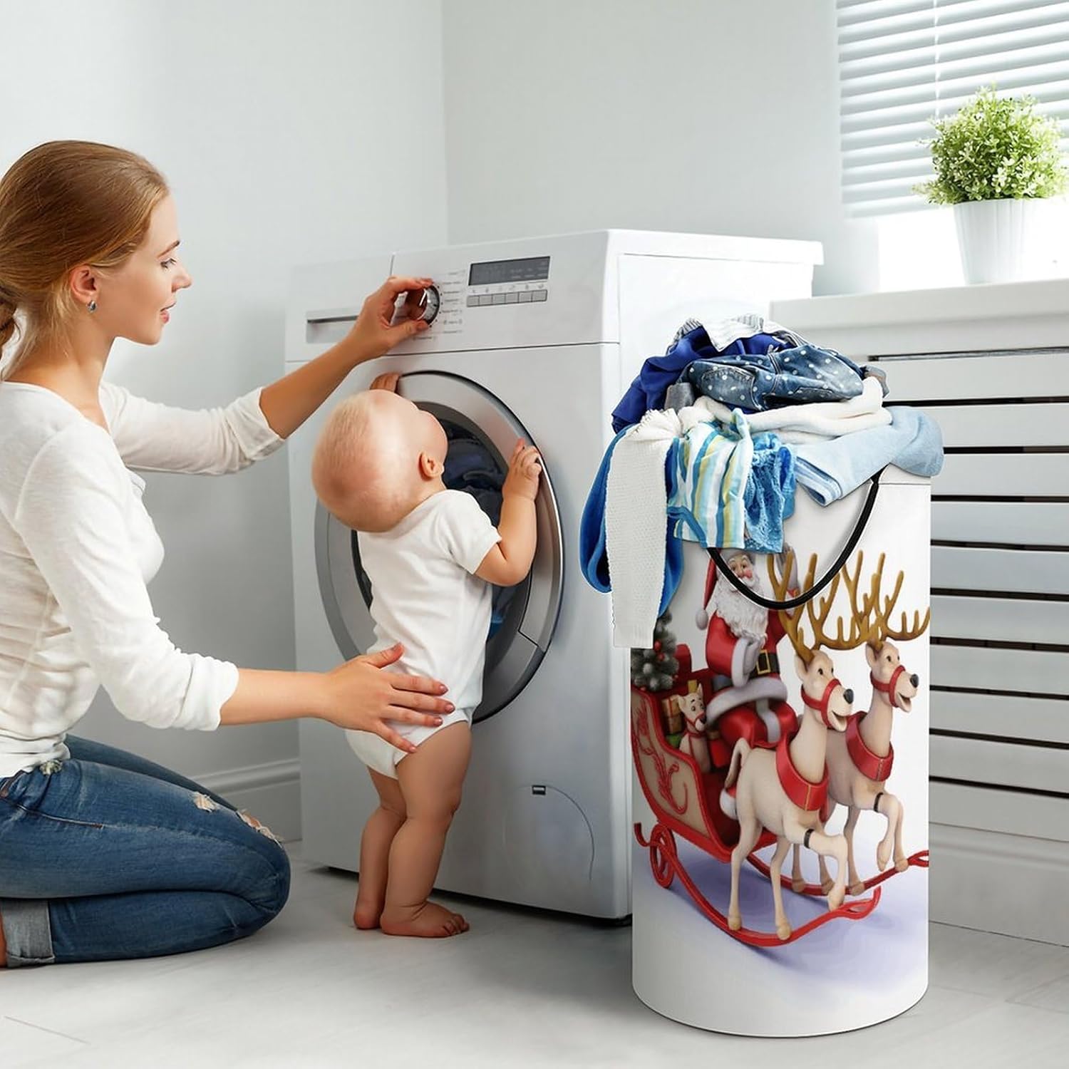 Santa Claus Reindeer SledFoldable Large Capacity Laundry Hamper with Handles,Extra Big Collapsible Clothes Basket for Home Storage