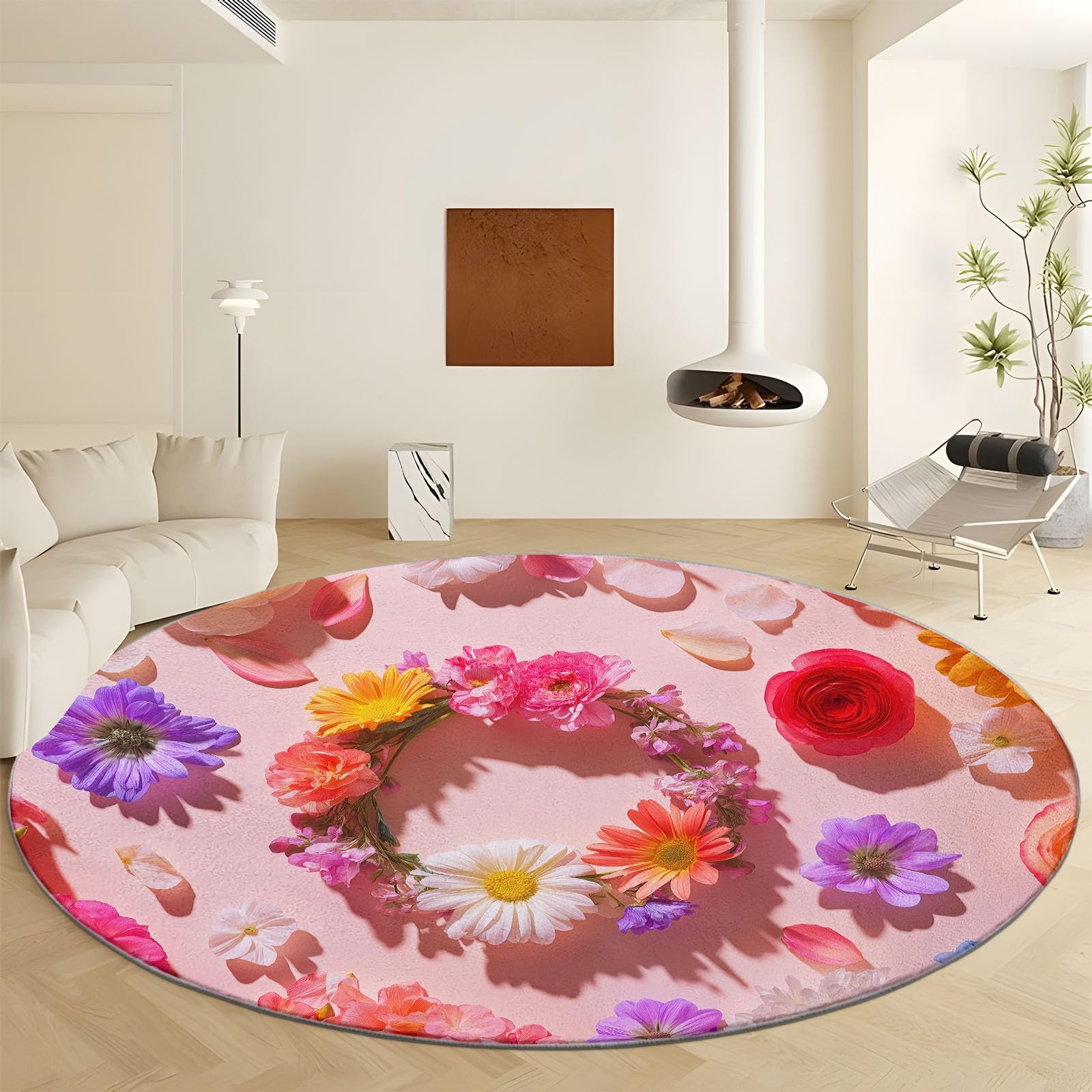 Tapis rond 180 cm rose antidérapant et lavable style floral pour salon