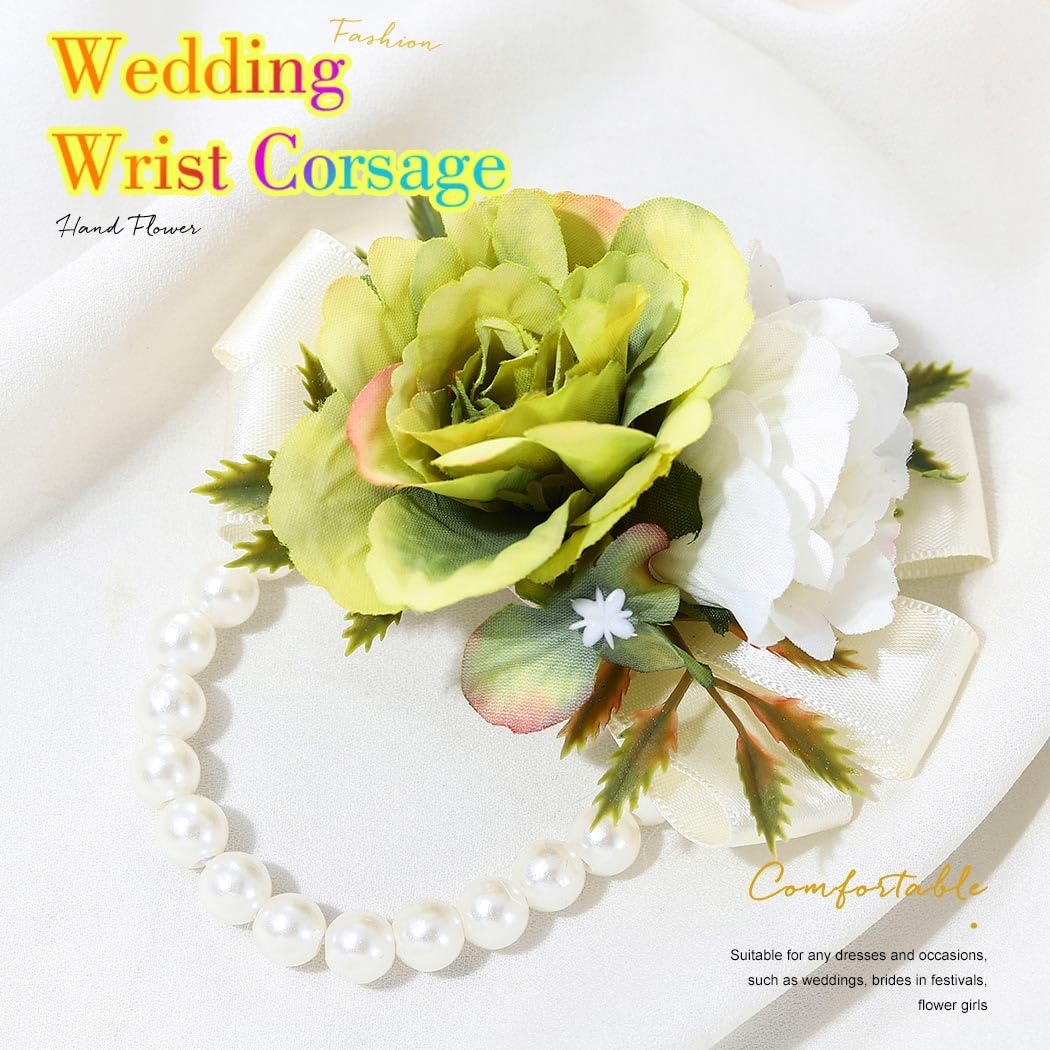 CASDRE Bride Wedding Wrist Corsage Bridal Hand Flower Pearl Corsage Wristlet Wedding Accessories for Women and Girls (Green)