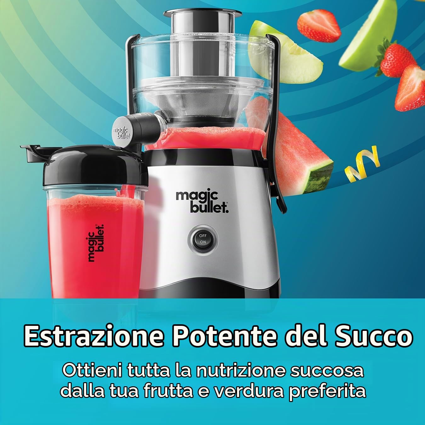 Nutribullet Magic Bullet, spremiagrumi centrifugo in silicone e acciaio inossidabile, 400 W, set da 10 pezzi, 470 ml, colore nero, design compatto e lavabile in lavastoviglie, succo al volo in due