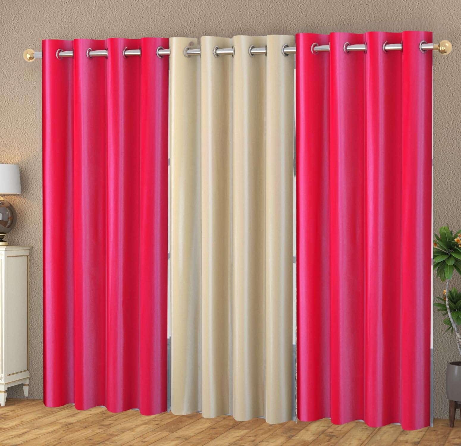 YUKANY Eyelet Polyester Modern Solid Crush Set of 3 Pcs. Door Curtains (7 Feet, 2 Rani Pink + 1 Cream)