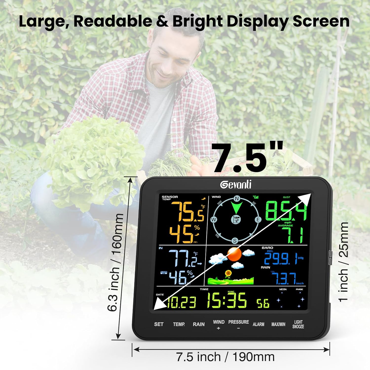 SA8 Home Weather Station with Rain Gauge and Wind Speed, Weather Stations Wireless Indoor Outdoor with Rain Gauge Outdoor, Forecast, Temperature, Humidity, Moon Phase, Alarm Clock(No WiFi)