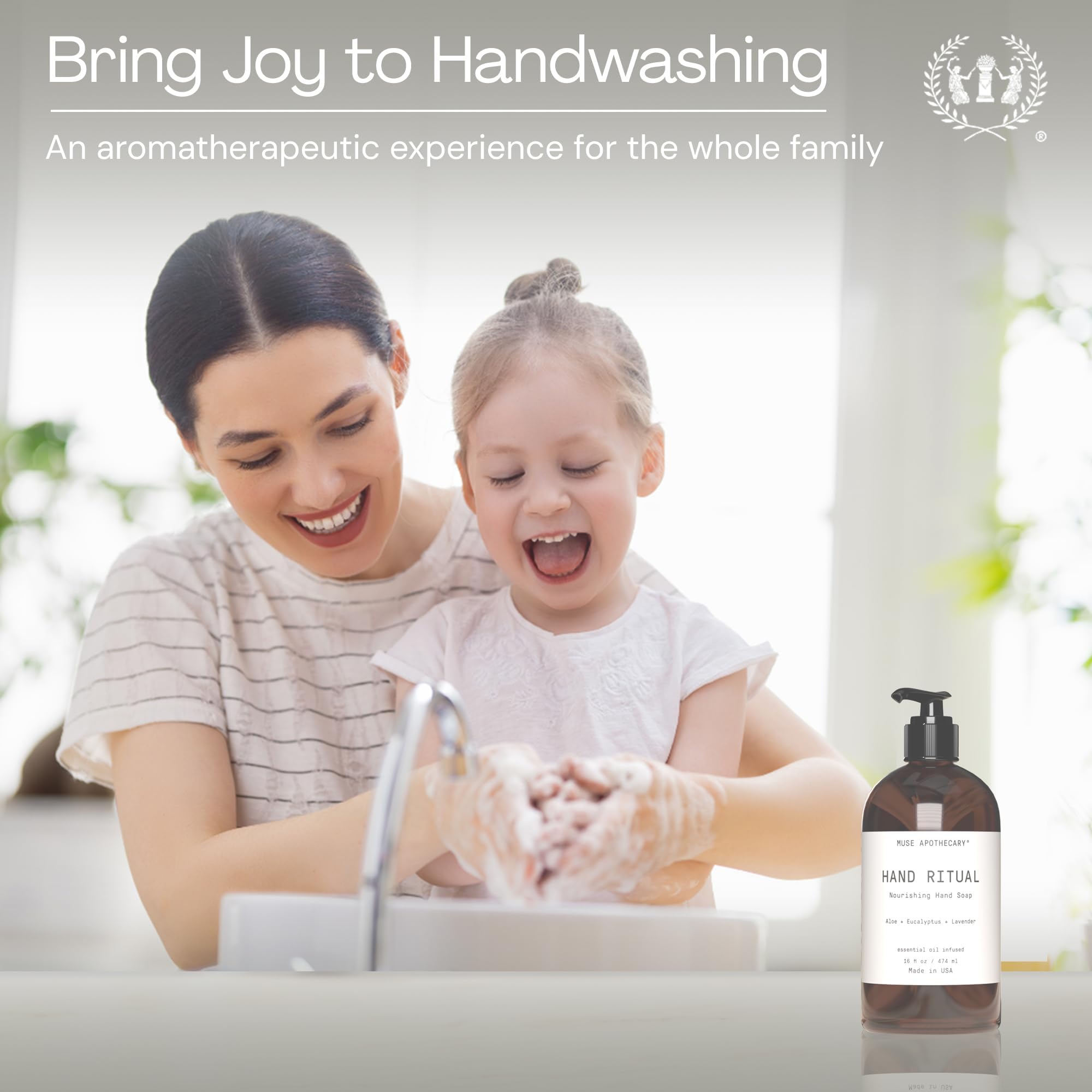 Muse Apothecary Handseife, aromatisch und pflegend, mit natürlichen ätherischen Ölen für Aromatherapie, zertifiziert durch die Verwendung als biobasiertes Produkt, 473 ml, Kokosnuss und Sandelholz.