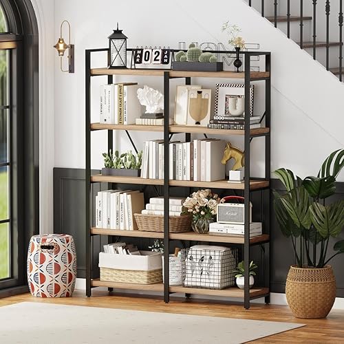 Miniatura 5 de FATORRI Estantería industrial de 5 niveles, estantería alta de madera rústica y metal con estantería abierta grande para el hogar, oficina, sala de