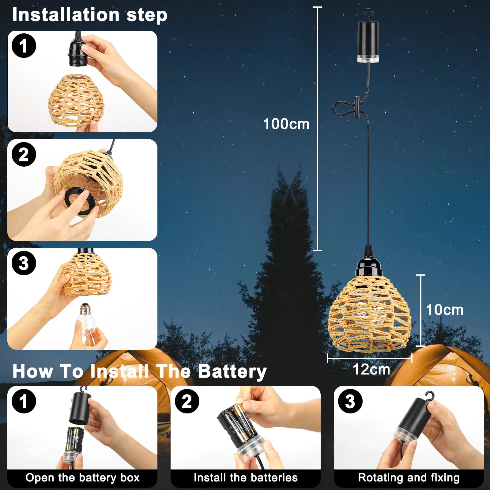 Lampada a Sospensione a Batteria, 3 Lampadario Rattan da Esterno Con Telecomando, Regolabile, Timer, IP65 Impermeabile Per Interni Gazebo Giardino Campeggio pranzo
