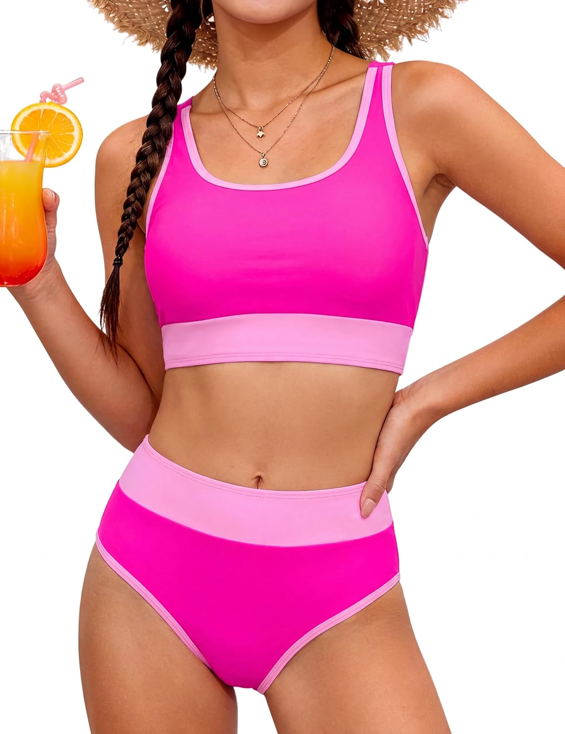 Teen Girls Swimsuit Two Piece Color Block Bikini Sets Adjustable Straps Bathing Suit with Chest Pad Swimwear 9-16Y