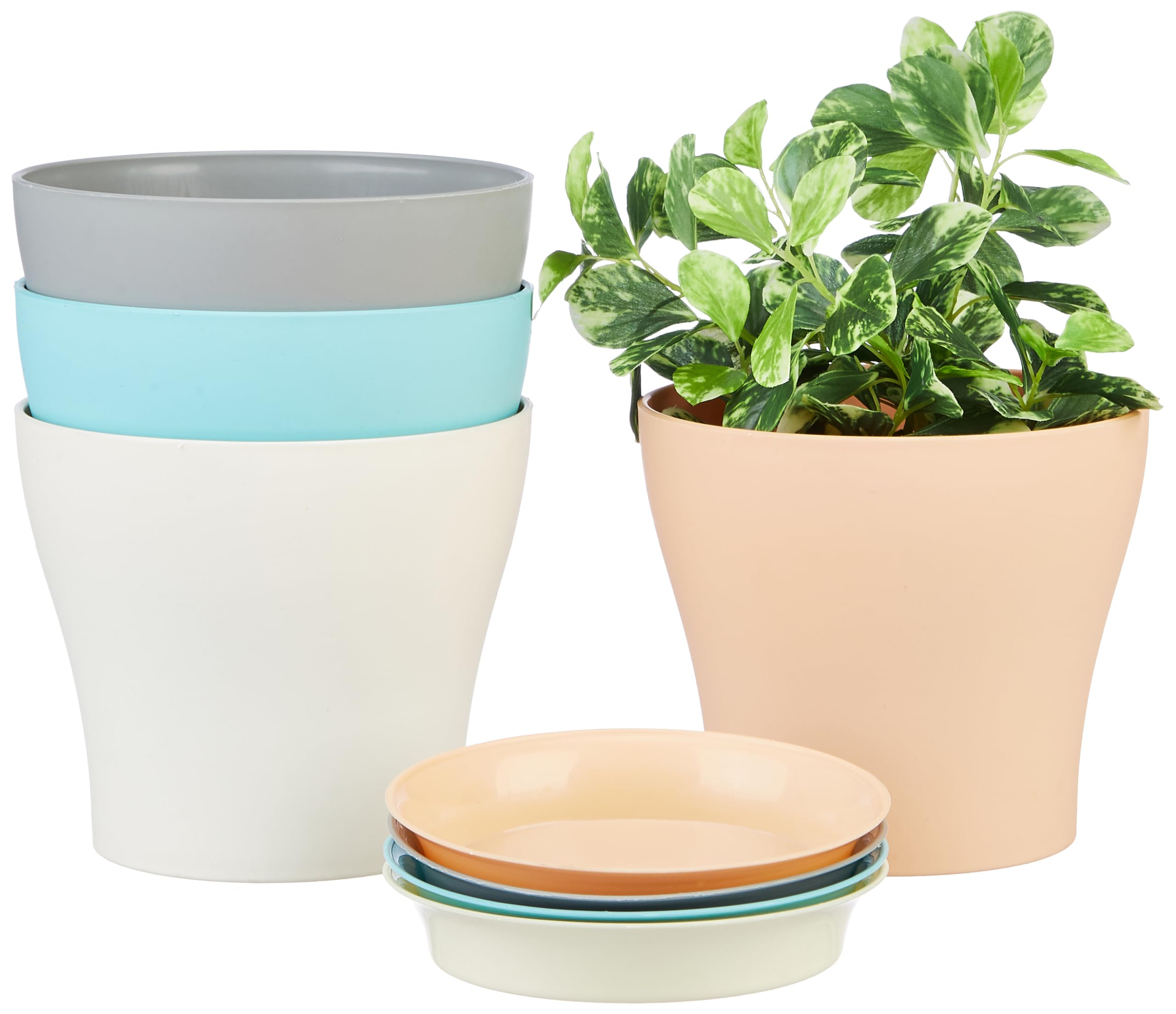 Amazon Brand - Solimo Round Pots for Plants with Bottom Tray|Fancy Design|Indoor and Outdoor Flower Pot for Home/Office/Table/Garden/Balcony Decoration|5.5 inch (Set of 4), Multicolor