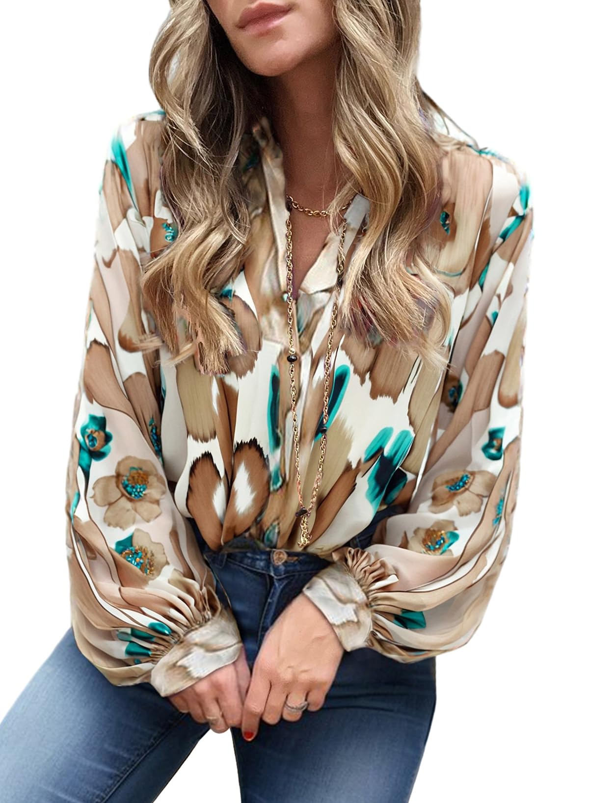 Dokotoo Womens Casual V Neck Boho Abstract Print Lantern Long Sleeve Tops Chiffon Blouses Bohemian Shirts