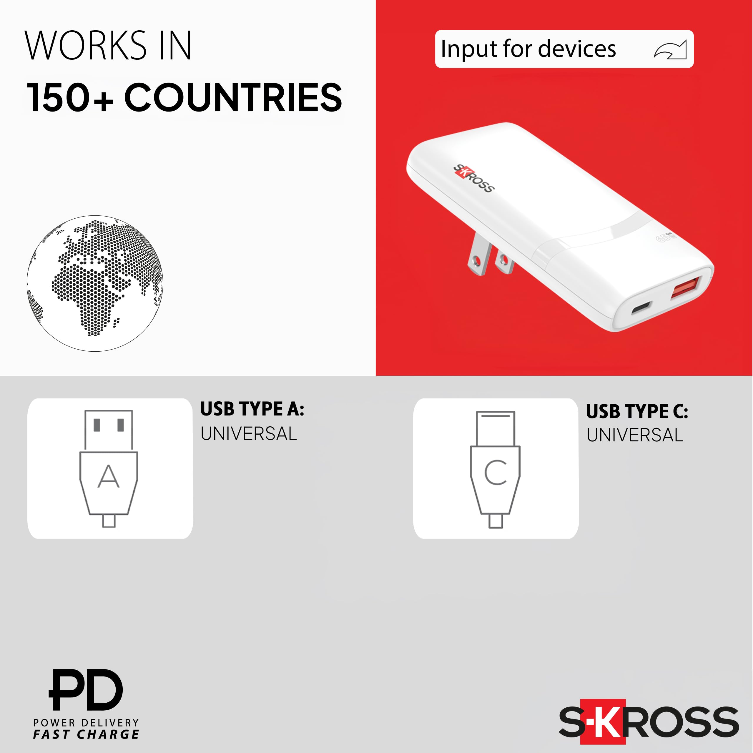 SKROSS - Caricabatterie slim da parete 65W multipresa EU/UK/USA due porte USB-A e USB-C carica 2 dispositivi in contemporanea