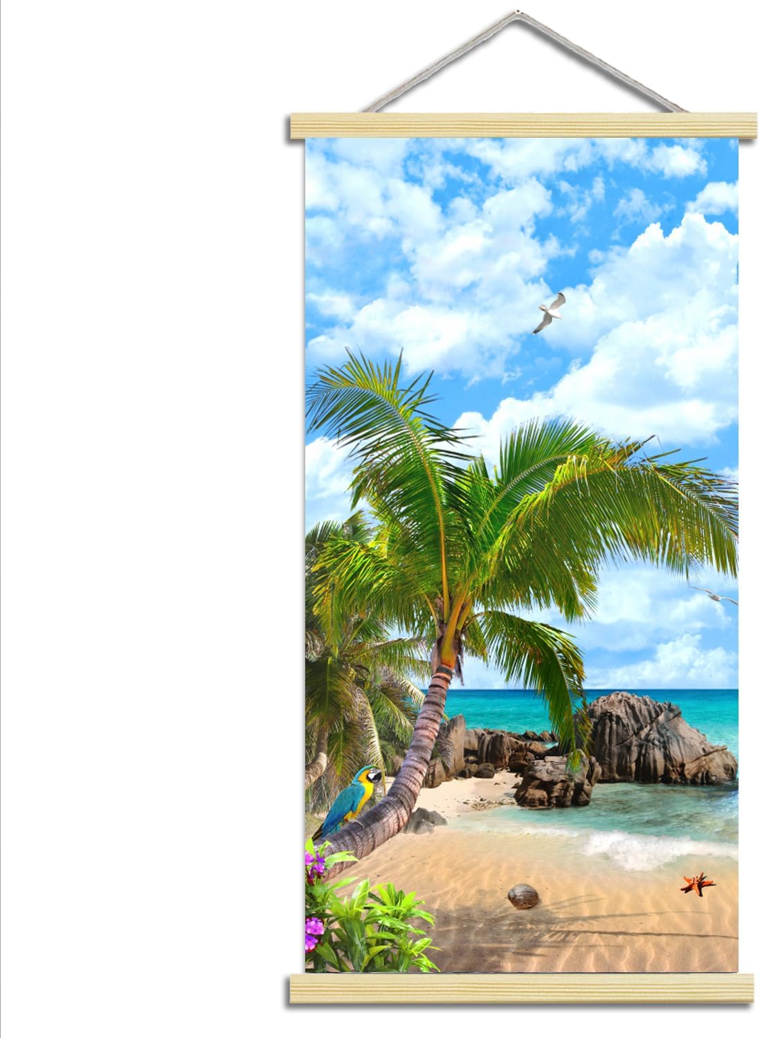 CanvaCrafted Beach Wall Art for Living Room Ocean Canvas Hanger Decor for Home Tropical Palm Tree Picture Scroll Wood Art Coastal Painting for Bedroom Gold Sunset Art Print for Bathroom Office Decor