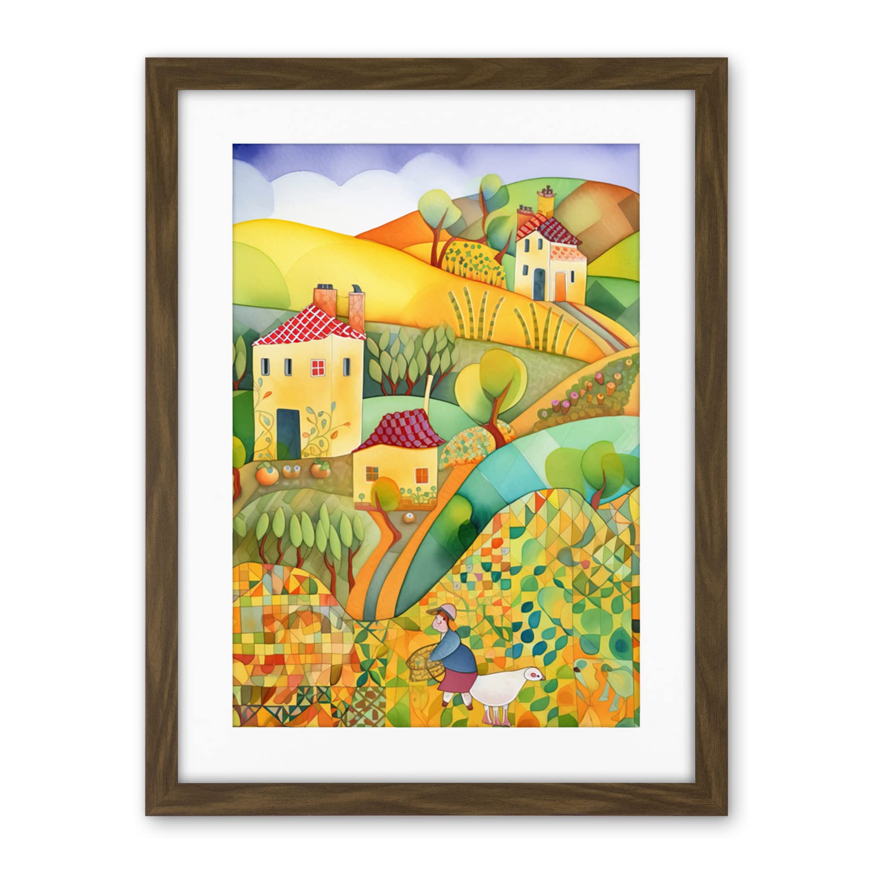 Artery8 Countryside Farming Folk Art Watercolour Painting Artwork Framed Wall Art Print 18X24 Inch