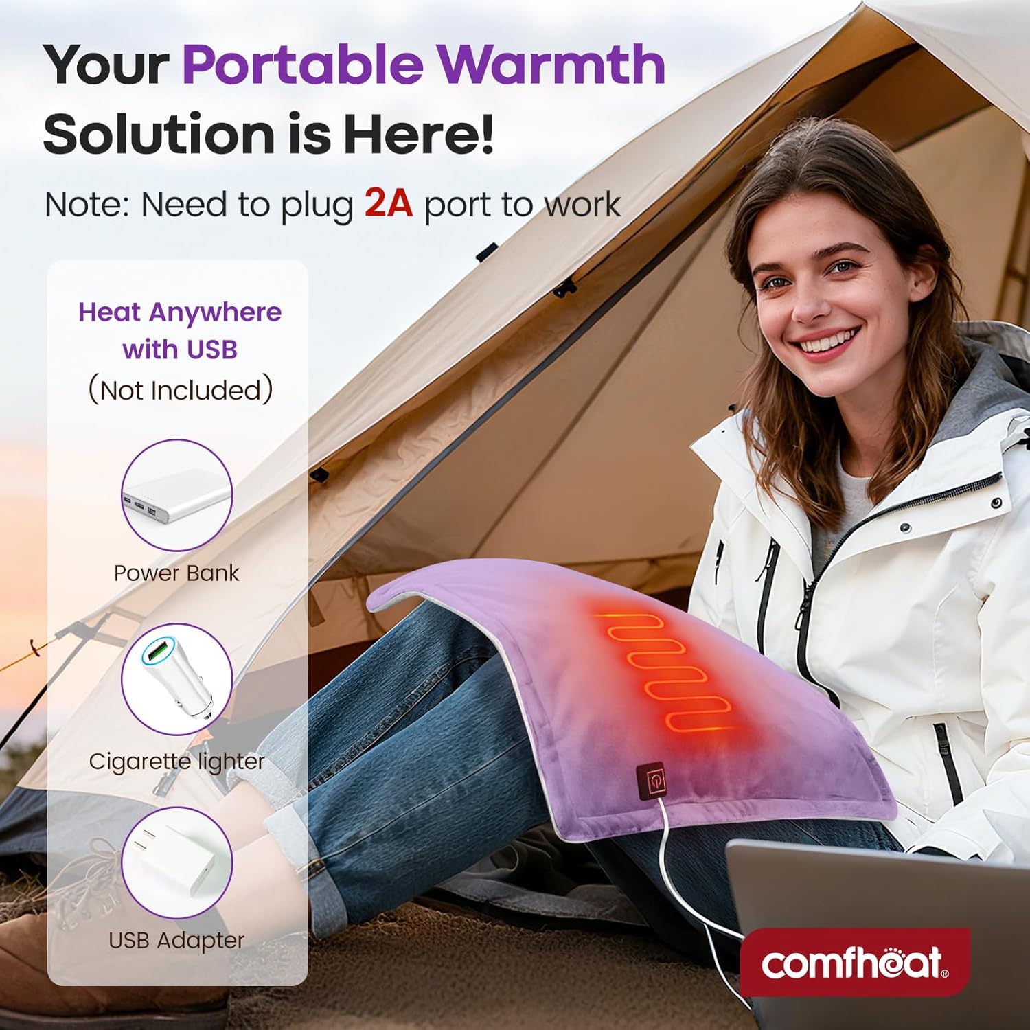 usb plug-in heating pad for travel warmth outdoors, non-rechargeable small heated pad 5v heat therapy for pain relief abdomen cramps, 3 heat settings & auto shut off (12"x 16") purple