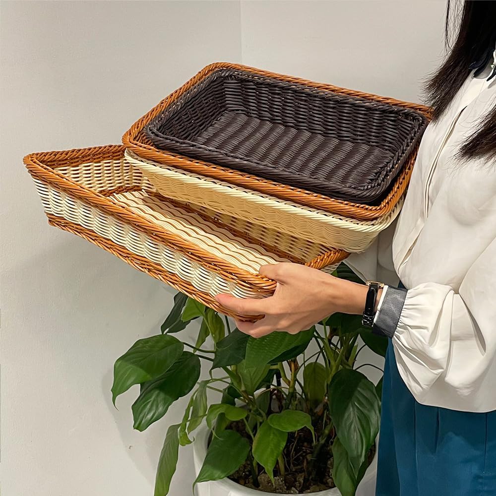 3pcs Large Wicker Bread Basket for Serving, Rectangle Display Basket, Easter Gift Baskets, Sturdy Durable Stackable Storage Baskets for Kitchen, Store, Restaurant, Party (Bicolor, L)