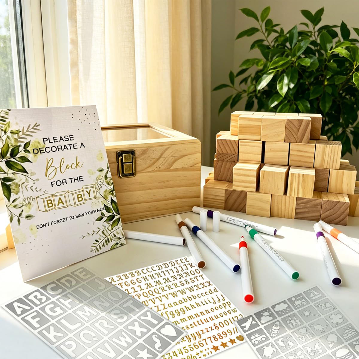 81 szt. Drewniany zestaw do zabawy dla dzieci z akrylowym pudełkiem, markerami, złotymi naklejkami i szablonami - Baby Shower, prezent dla noworodka chłopca i dziewczynki