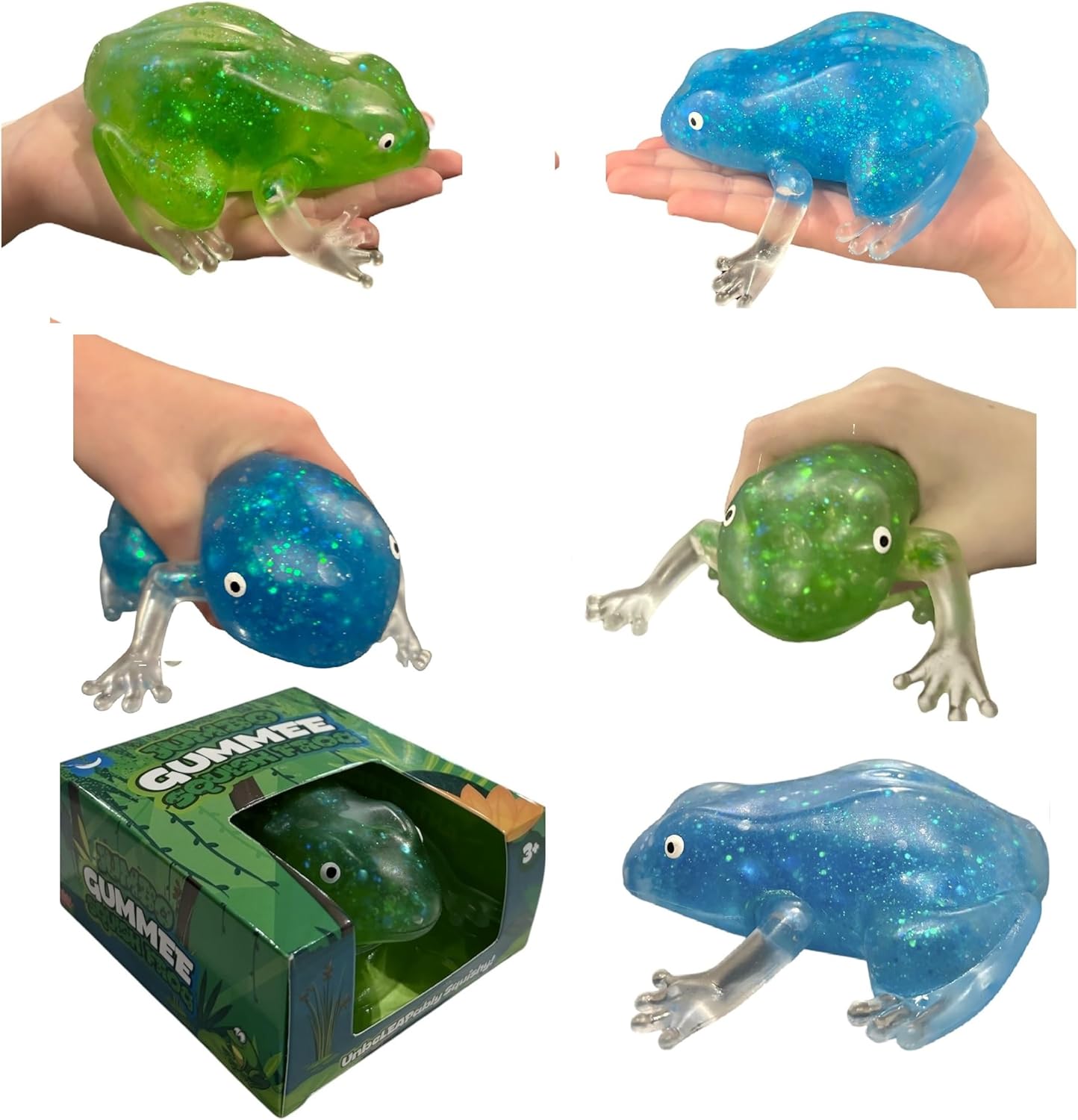 Jumbo 4" Glittery Sugar Squish Frog, Large Sensory Slow-Rise Glitter Maltose Sugar Ball, New Novelty Stress Ball Fidget Toy Gifts for Boys and Girls (Green/Blue, 2 Pack)