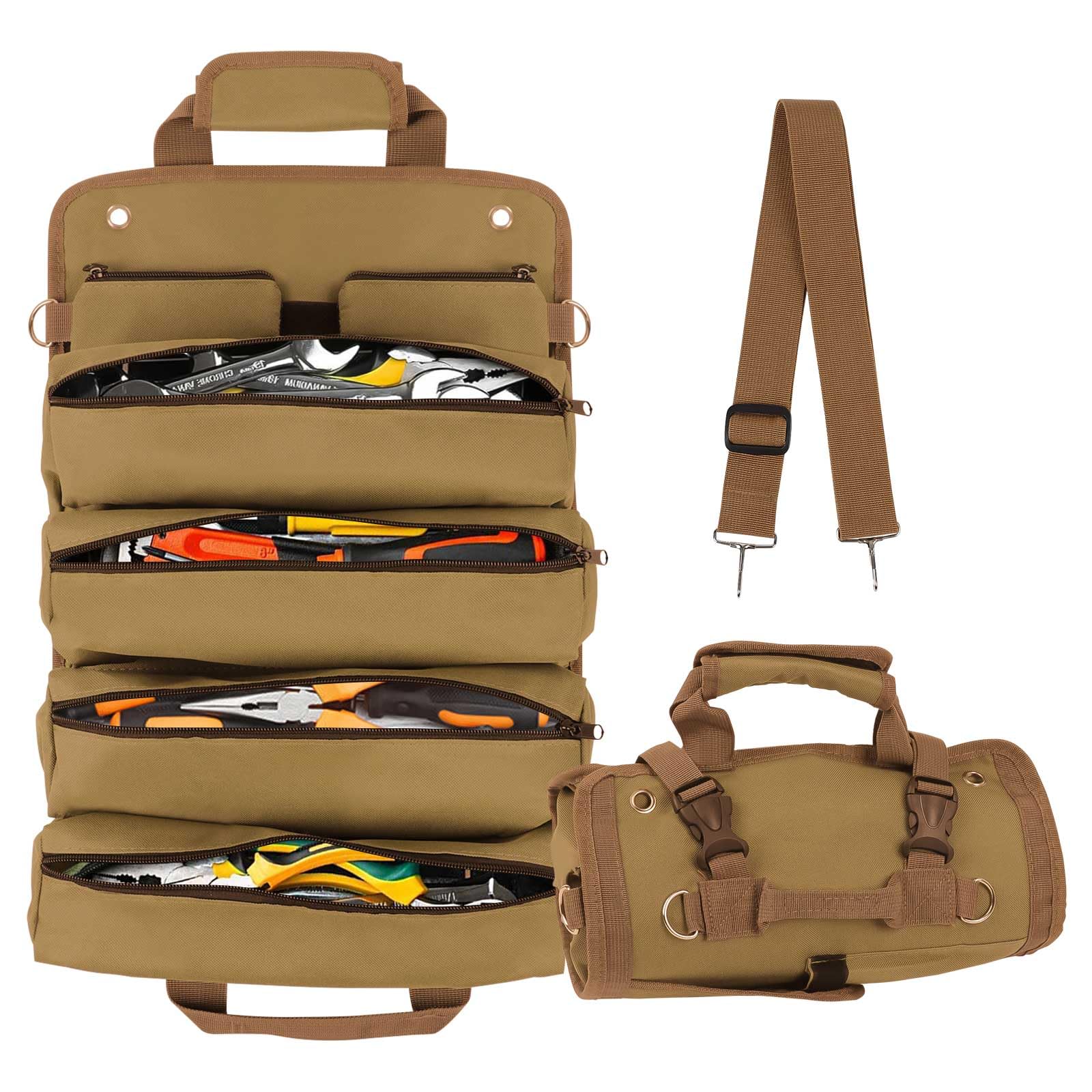 Tool Roll Bag, Heavy Duty Canvas Tool Bag with 4 Zipper Pockets and 2 Removable Tool Bags, Portable Multi‑Purpose Tool Organiser and Storage Carrier Pouch for Plumbers, Electricians and Craftsmen