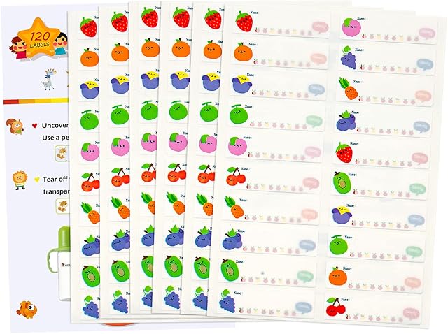 FACATH 120pcs Baby Bottle Labels for Daycare, Kids Name Tags Stickers, Daycare Labels, Self-Laminating Write-On Waterproof Dishwasher Safe Self-Adhesive Label Stickers (Fruit)