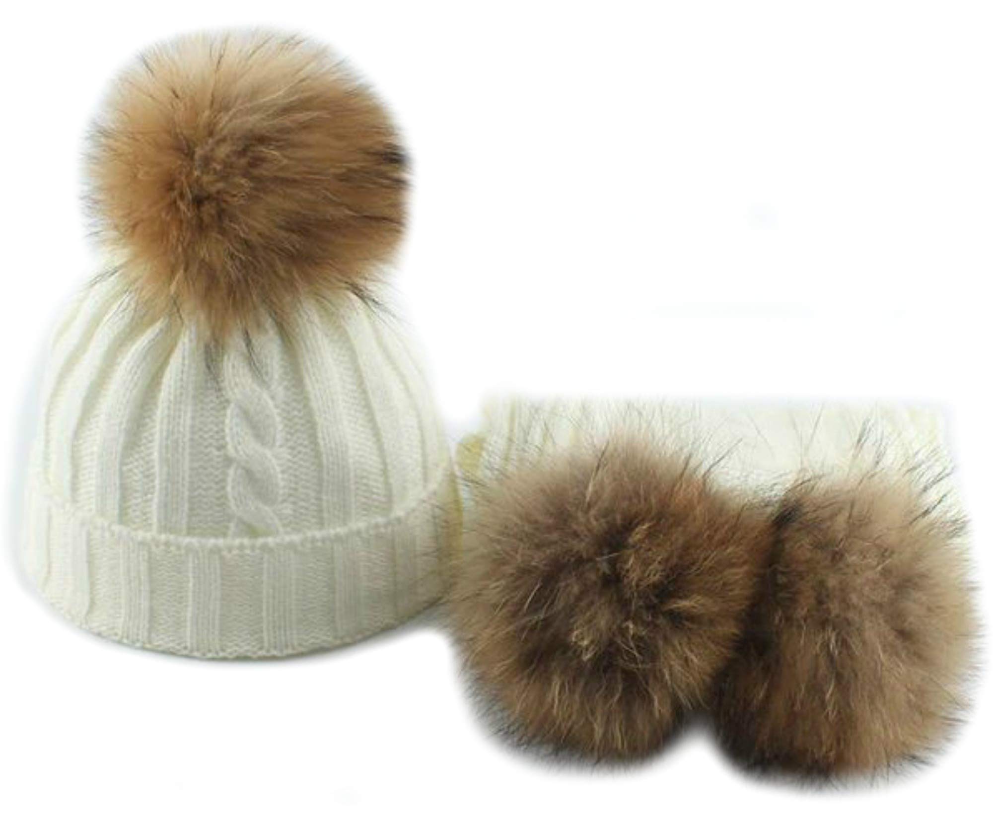 Set Cappello e Sciarpa Pon Pon Bambina Vera Pelliccia 5-10 Anni Cuffia con Pile Interno