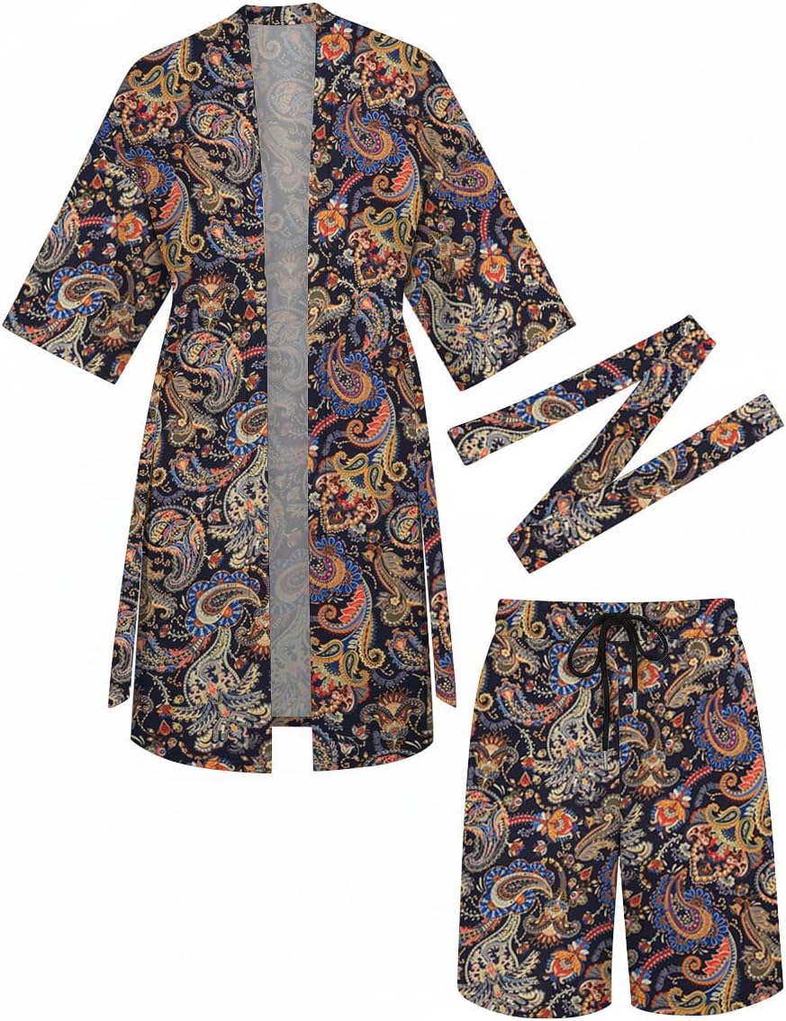 COOFANDY Men Lightweight 2 Piece Kimono Robe with Shorts Japanese Robes Casual Open Front Long Cardigan With Belt - Image 4