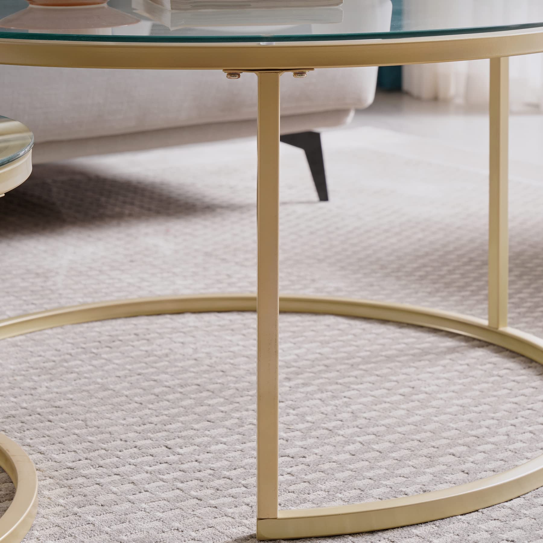 Set di 2 Tavolini da Caffè Rotondi con Piano in Vetro, Tavolini Rotondi a Incastro, Grande: 60 x 60 x 45 cm; Piccolo: 40 x 40 x 35 cm (Vetro Oro)