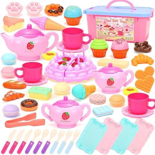 Tagitary Juego de fiesta de té para niñas pequeñas, juego de té de princesa, incluye galletas de postre, tetera, mantel y funda de transporte, disponible en Yaxa Peru
