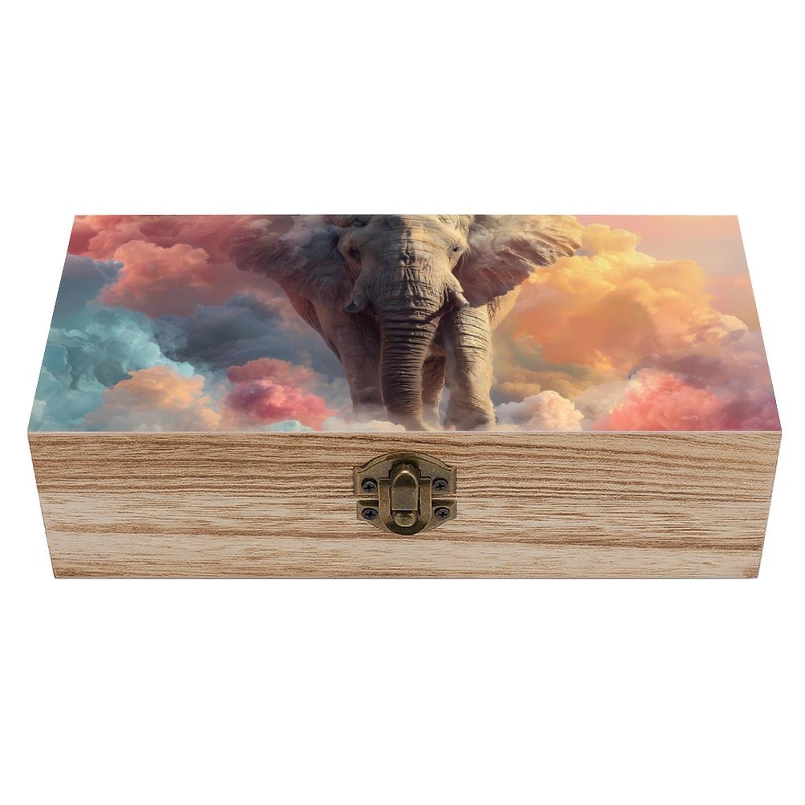HLBSDM Elephant in The Clouds Wooden Box with Hinged Lid Decorative Storage Case Container
