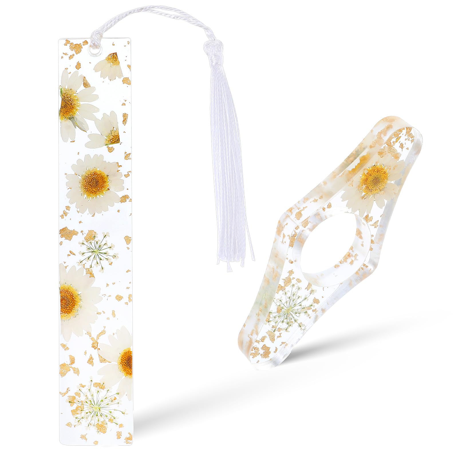 2Pcs Book Page Holder, Dried Flower Resin Thumb Book Page Holder and Bookmark with Tassel, Book Accessories for Reading Lovers, Gift for Bookworm, Readers, Literary, Students, Teachers (White)