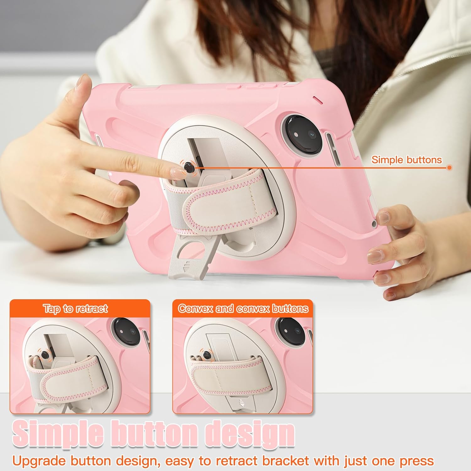 for Redmi Pad SE 8.7 Case, Heavy-Duty Shockproof Cover with 360° Rotating Kickstand, Adjustable Hand Strap, Full-Body Protection, Dust Plug, Raised Edge Screen & Camera Guard, Sakura Pink