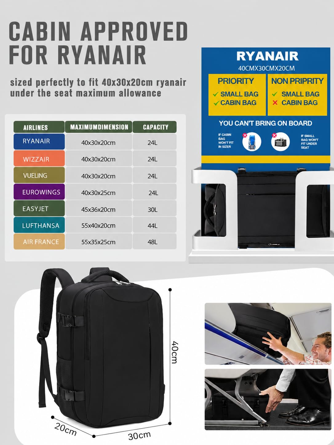 Hayayu do bagażu podręcznego Ryanair 40x30x20, plecak bagaż podręczny do samolotu, torba pod siedzeniem z torbą antykradzieżową, plecak podróżny z kieszenią na laptop