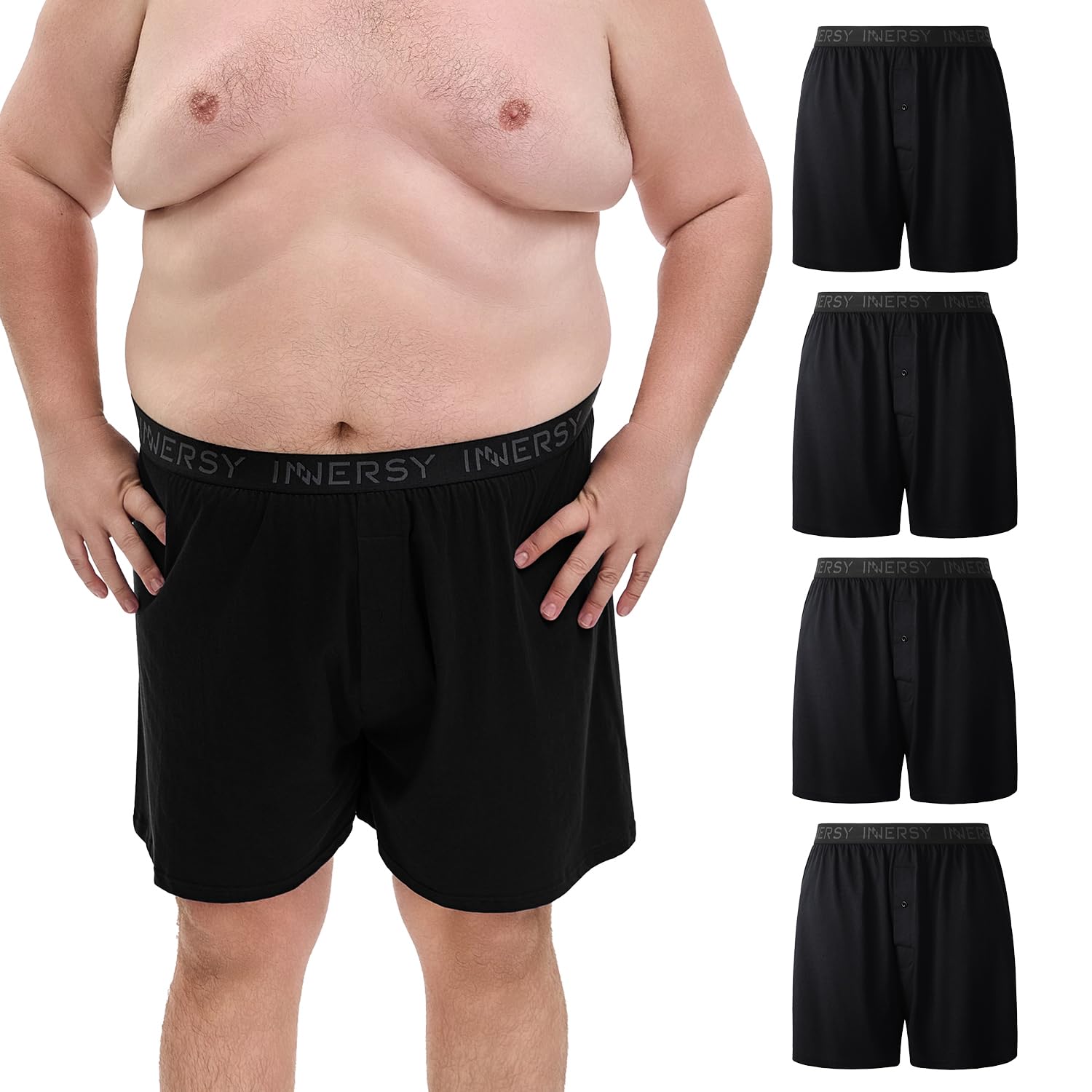 INNERSY Big and Tall Cotton Boxers for Men Moisture Wicking Loose Fit Underwear 4-Pack