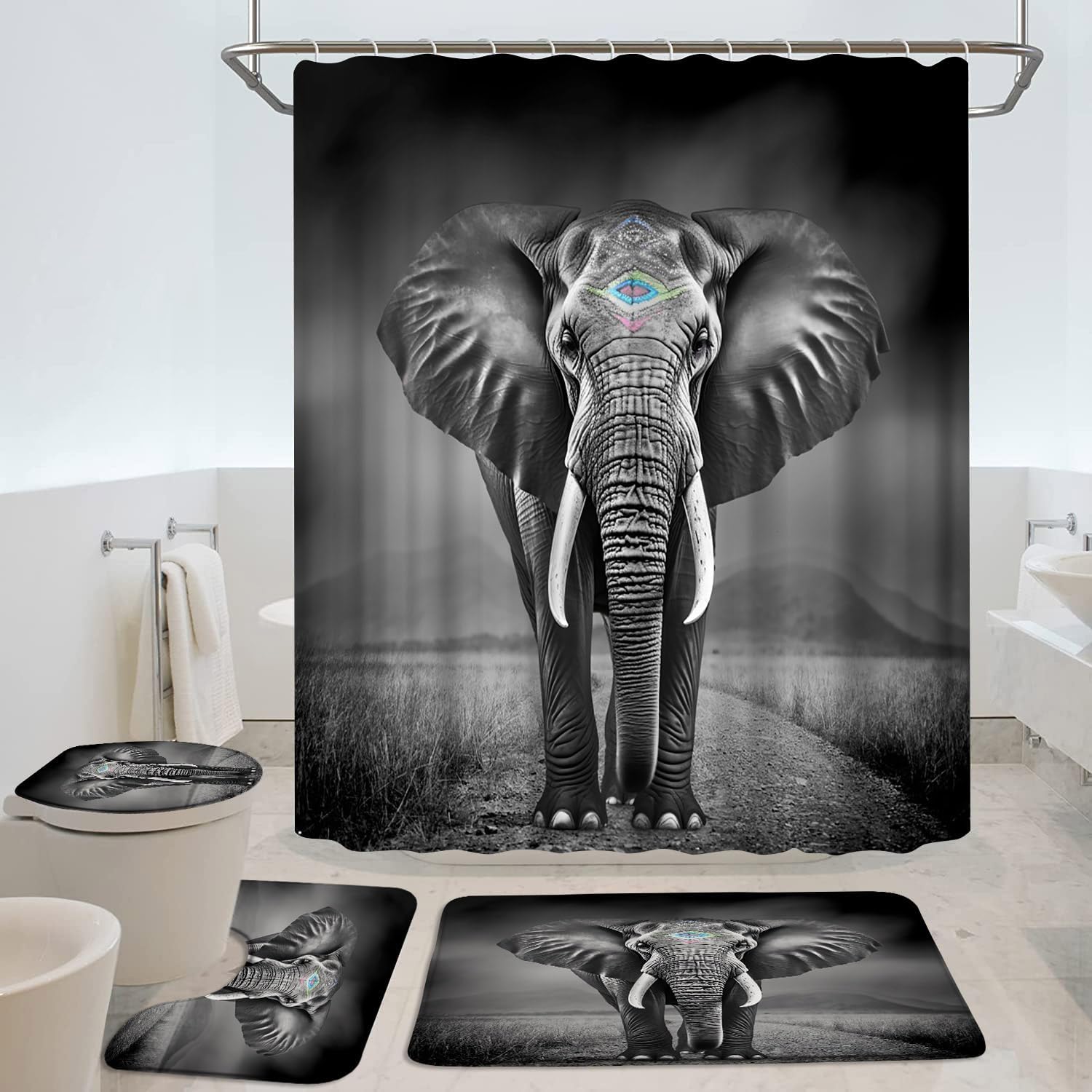 4Pcs Grey Elephant Shower Curtain Sets with Bath Rug U Shape Mat and Toilet Lid Cover Boho Texas African Wildlife Southwest Ethnic Tribal Vintage Bathroom Decor Curtains Set with 12 Hooks