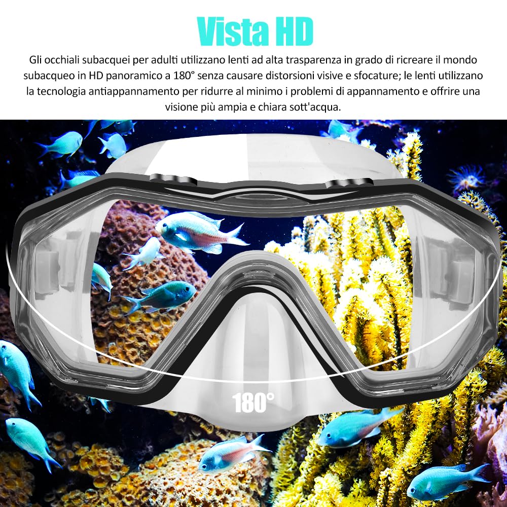 Set per Snorkeling Adulti con Maschera e Silicone Boccaglio,Lente PC Maschera Subacquea,180°Maschere Immersione,Anti-Fog Anti-Perdite Kit Snorkeling Giovani Adulto Donna Uomo