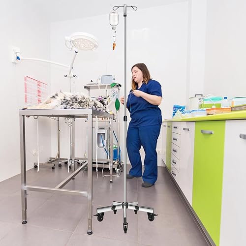 Miniatura 27 de IV postes con ruedas IV soportes 2 ganchos 5 patas base rodante con acero inoxidable resistente, altura ajustable