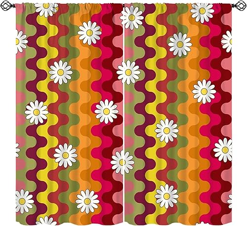 Miniatura 9 de Cortinas florales retro de los años 70, tratamiento de ventana abstracto geométrico hippie floral de mediados de siglo, cortinas con aislamiento
