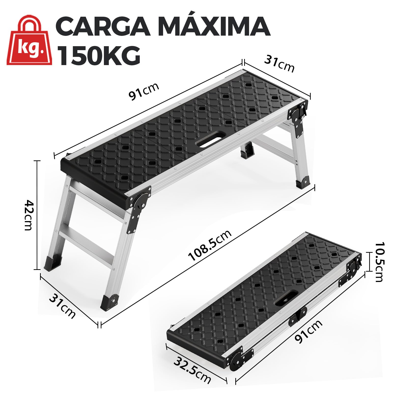 KINGRACK Plateforme de travail pliable en aluminium avec pieds en caoutchouc antidérapants, échelle légère avec verrous de sécurité pour la maison et le garage, jusqu'à 150 kg, noir