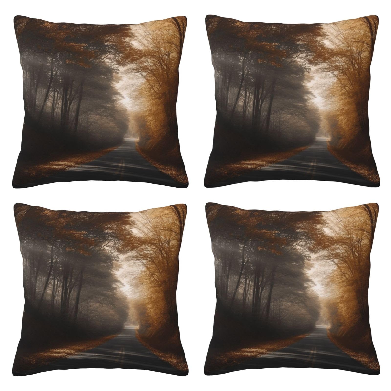 Road and Leaves Throw Pillow Cases 4 Pack Square Pillowcases Super Soft Pillow Protectors With Zipper for Couch Livingroom Sofa Bed Office Car,45x45 CM