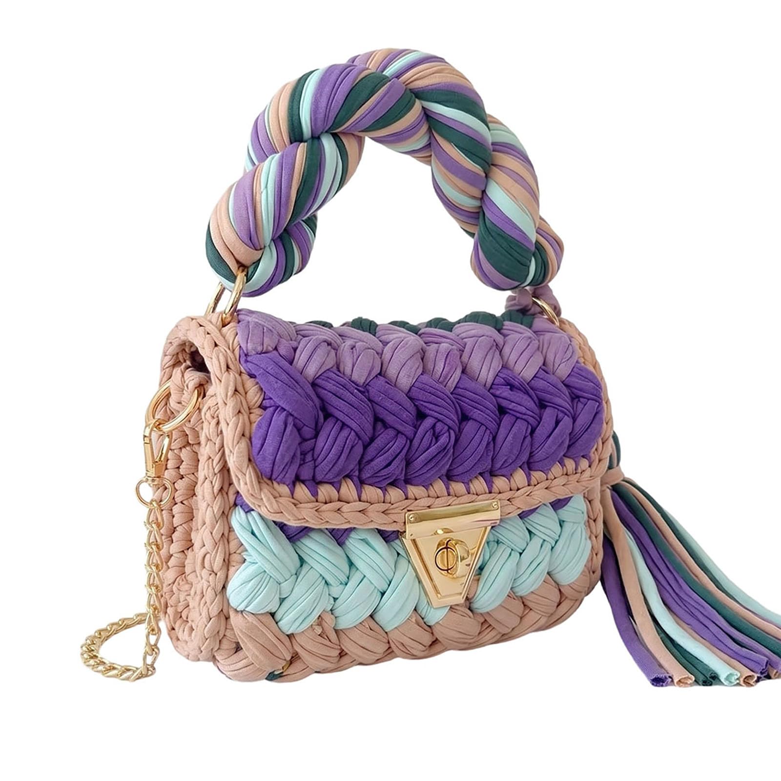 Bolso bandolera de estilo bohemio y clutch de noche – Bolso de mano tejido a mano con hilo grueso para mujer, con cadena desmontable