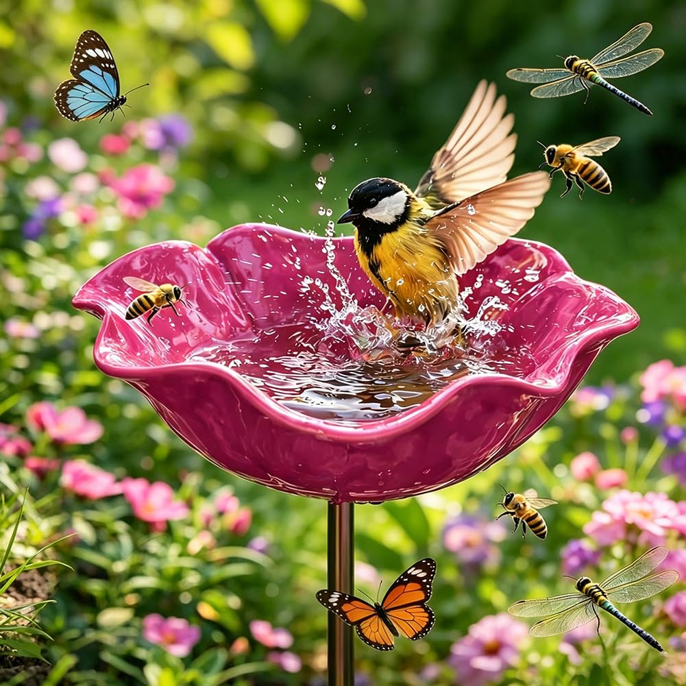 2026 New Handmade Metal Flower Garden Stake Bird Bath, Butterfly Bee Water Feeder with Flower Design, Colorful Outdoor Bird Bath Bowl for Yard, Lawn & Patio Decor(Red-3pcs) — view 7