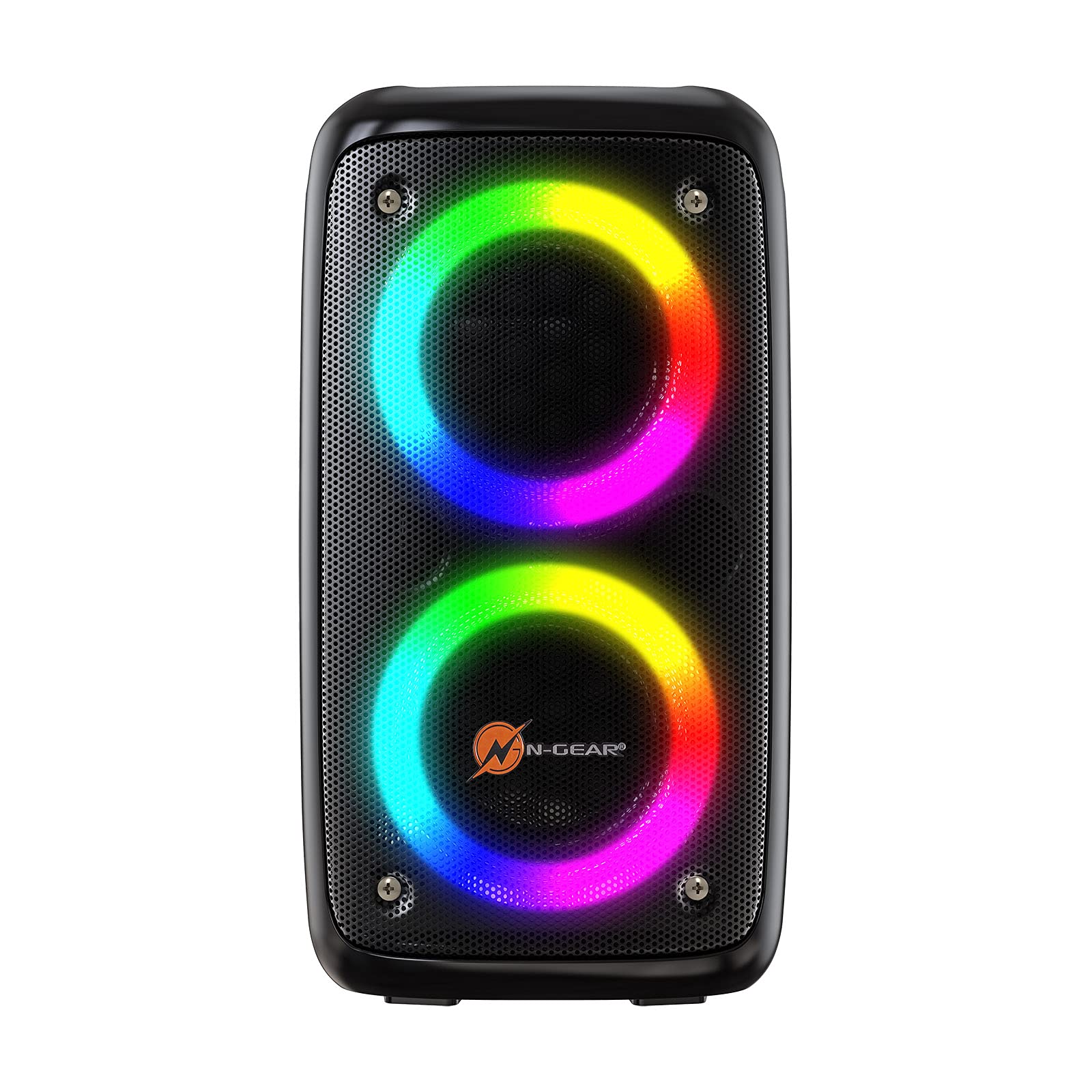 N-Gear Let's Go Party 23M Bluetooth Lautsprecher mit 100W Leistung, 2X 3 Zoll Speakern, RGB LED Beleuchtung und Kabel-Mikrofon. Tragbare Karaoke Anlage für Mobile Feiern und musikalische Events