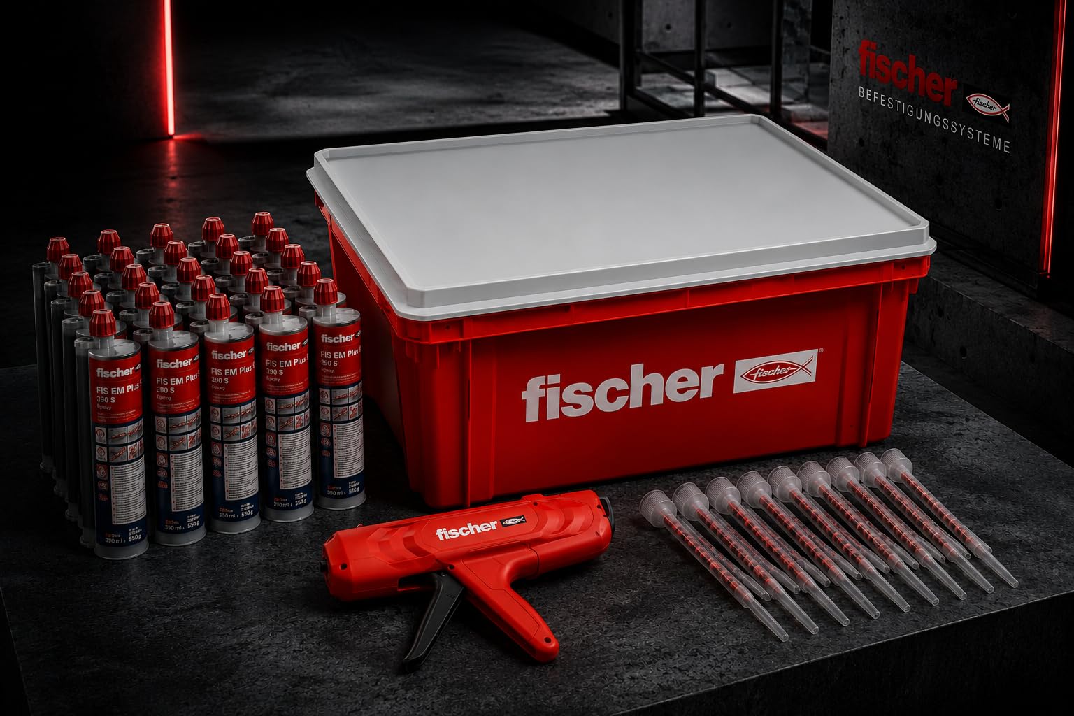 Fischer FIS EM Plus 390 S - Set di malta per resina epossidica, 12 x 390 ml, malta ad iniezione con 24 miscelatori statici FIS MR Plus, pistola per spremere FIS DM S Pro e valigetta per fissaggi