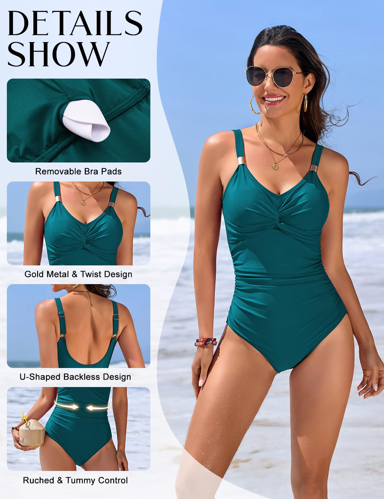 Nadeer Bañador Mujer Reductor Sexy Push up Traje de Baño de Una Pieza Nudo Torcido Cuello en V con Adornos Metálicos Swimsuit para Piscina y Playa