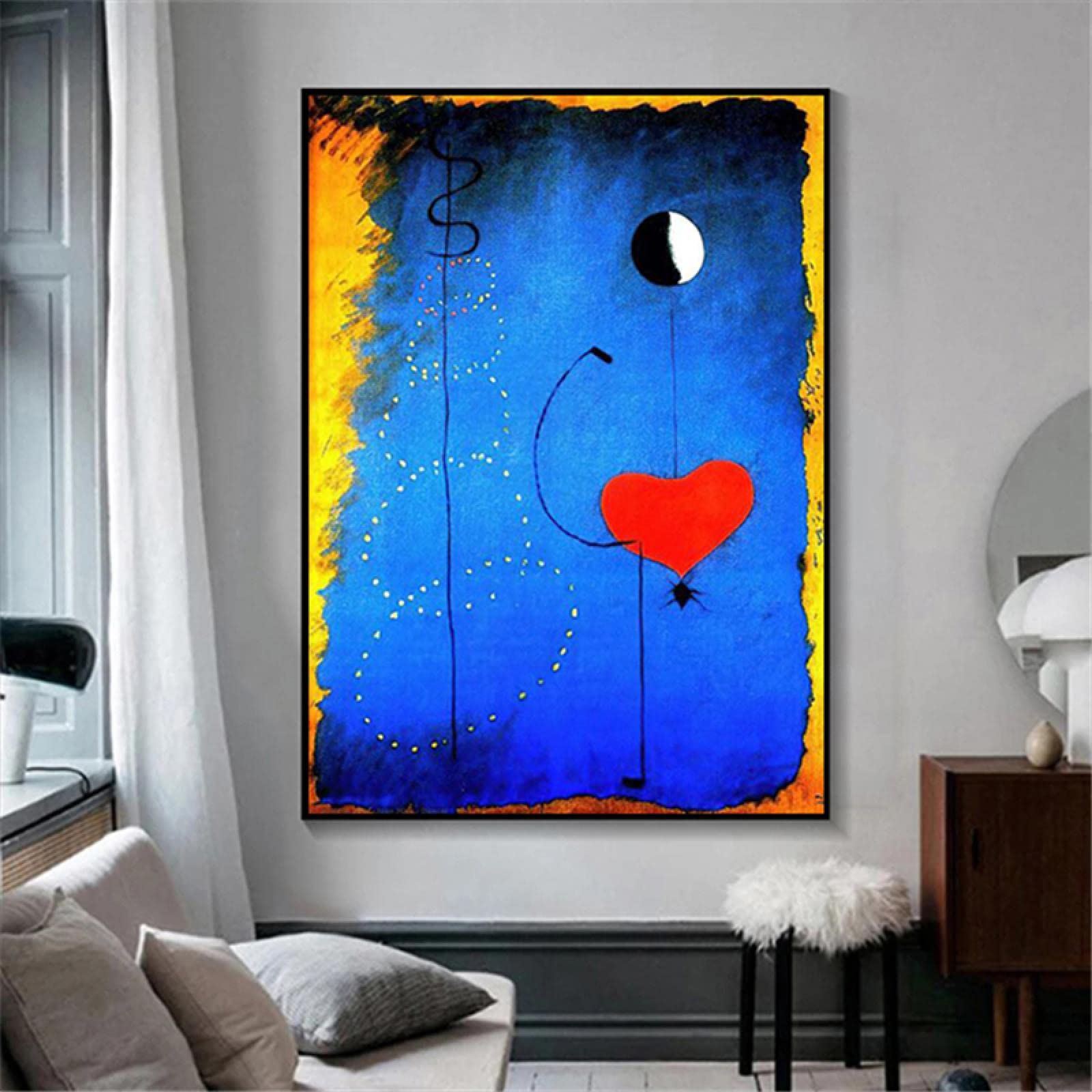 Stampa artistica su tela con cuori e ballerini Joan Miro Astratto Quadro da parete blu Soggiorno Decorazione della casa Poster 50 x 70 cm Cornice interna