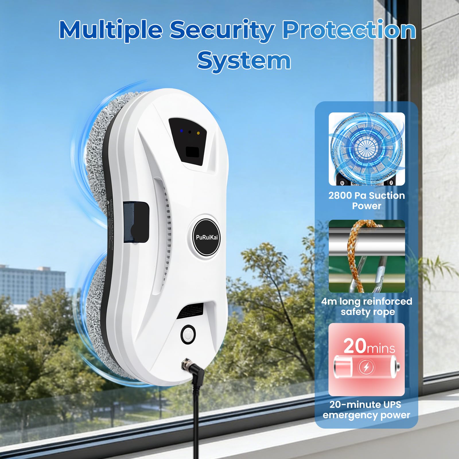 Robot Lave-vitres Automatique, Aspiration 5600Pa, Blanc | Pulvérisation d'eau, 3 modes de nettoyage, télécommande. Idéal pour fenêtres, miroirs et surfaces lisses. Rapide et efficace.