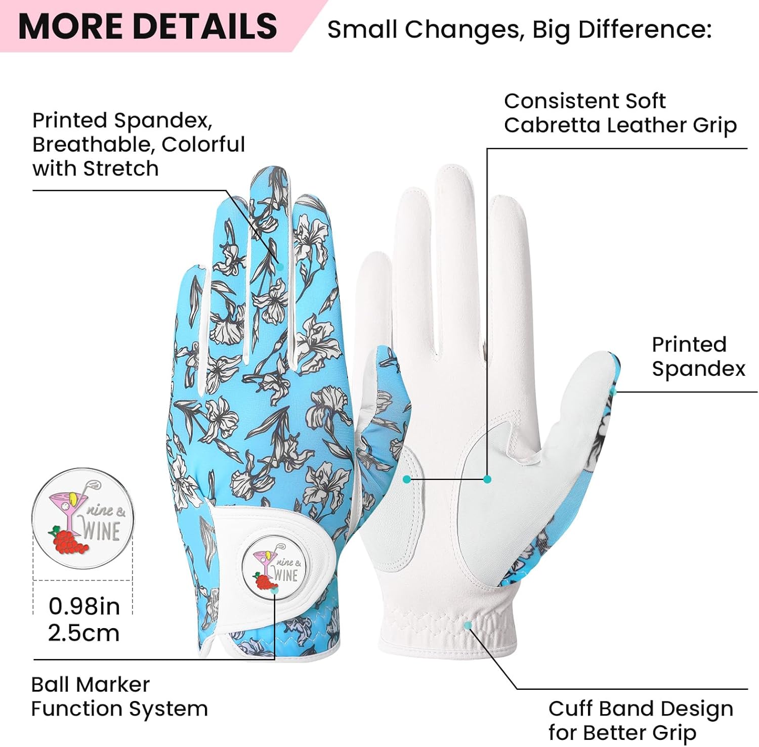 Golf Gloves Women Right Handed Golfer Left Hand with Ball Marker 3 Pack, Ladies Breathable Soft All Weather Grip Printed Pattern Colored Glove, Large, Blue Wave - Image 2