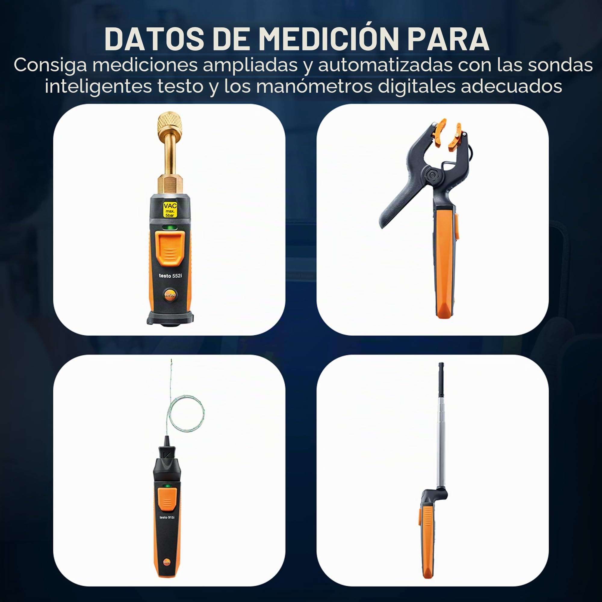 Juego de manómetros de colector AC Testo 550s – Manómetros HVAC y de refrigeración – Incl. 2 sondas de abrazadera de temperatura con cable – Kit de recarga de AC con sobrecalentamiento
