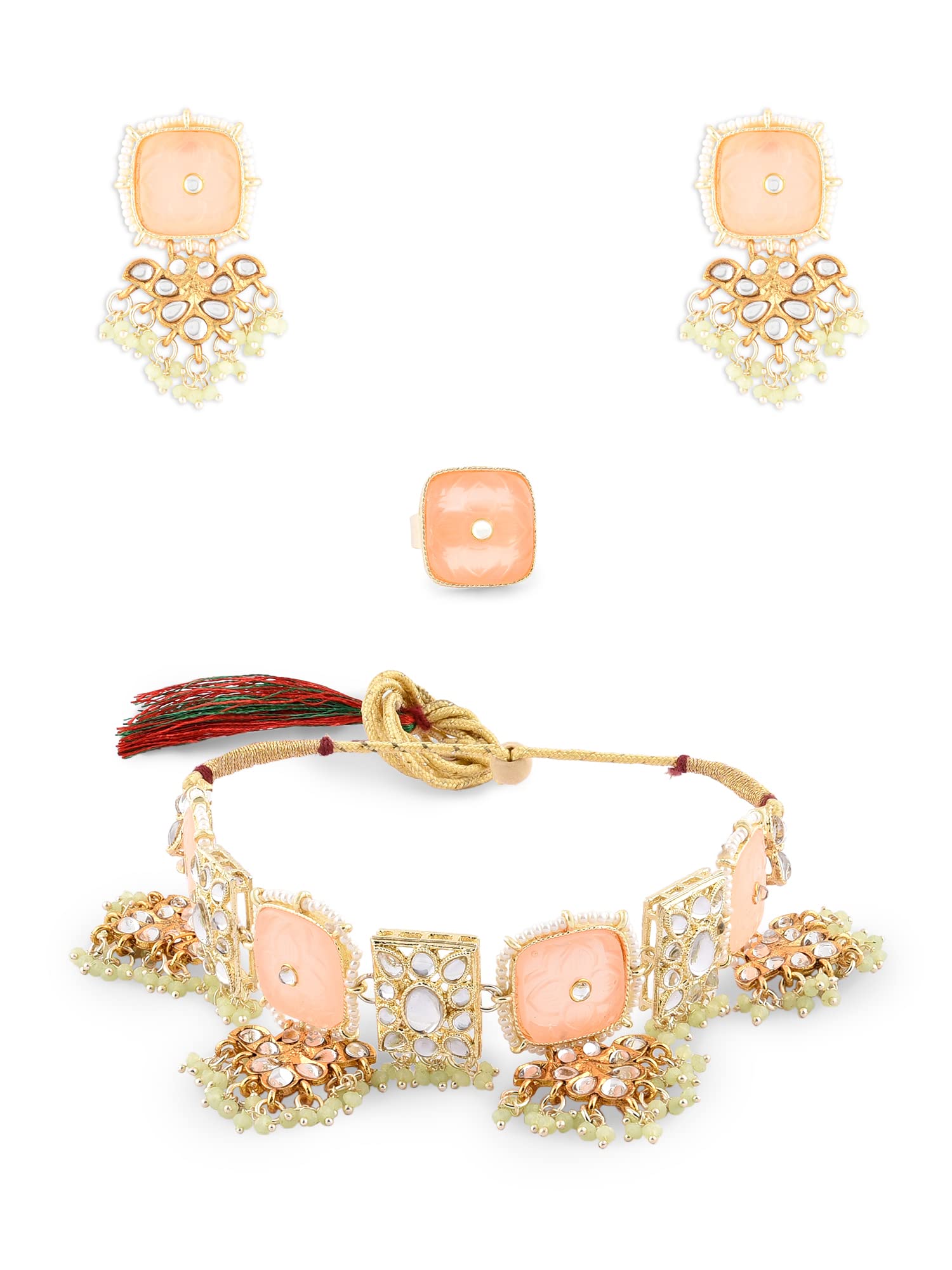 ZAVERI PEARLS Peach Green Stones & Beads Kundan Choker Necklace Earring & Ring Set For Women-ZPFK18811 (B0DCSSJV5J) Amazon Price History, Amazon Price Tracker