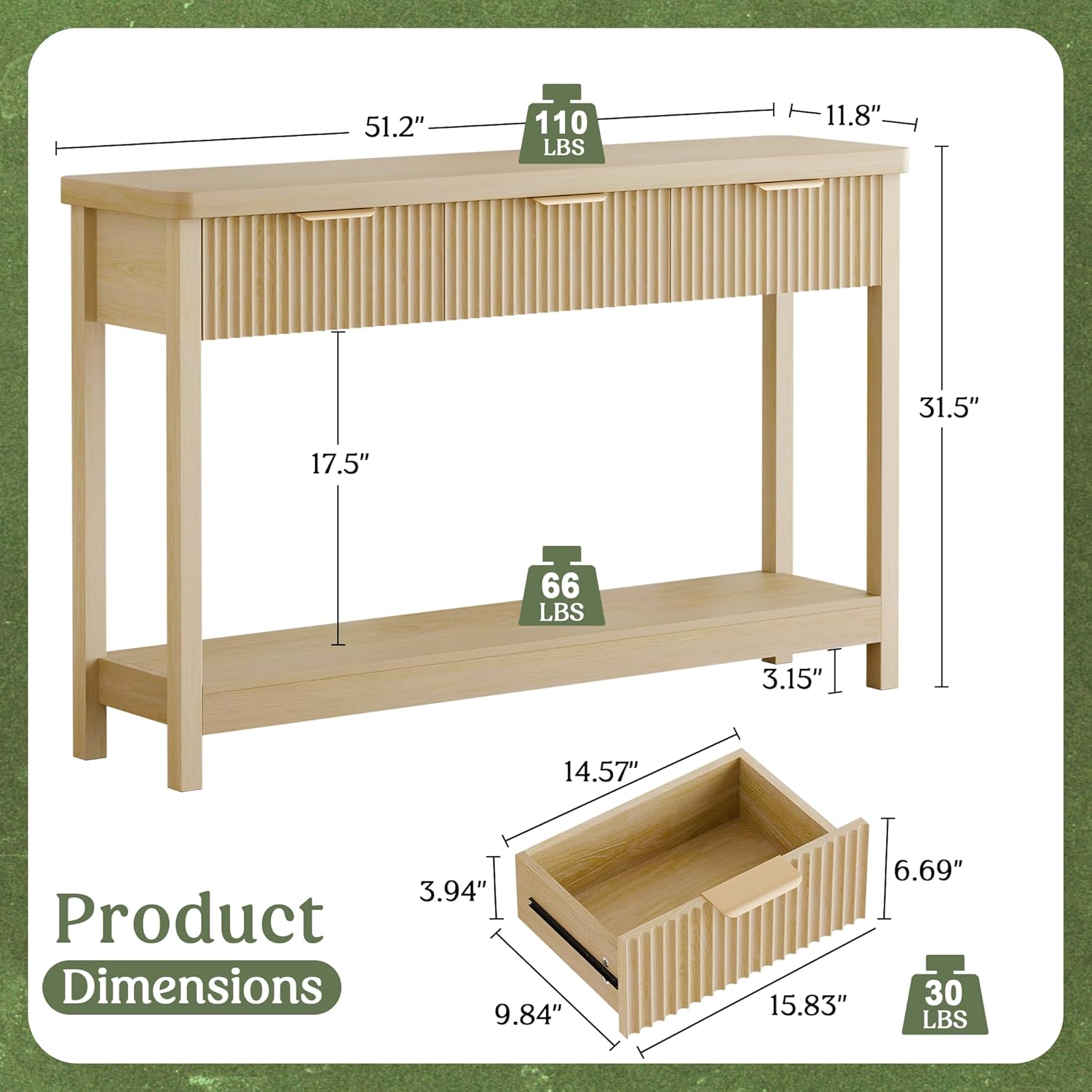 Diagram showing all numbered wooden panels and lettered hardware components for the Lulive console table assembly.