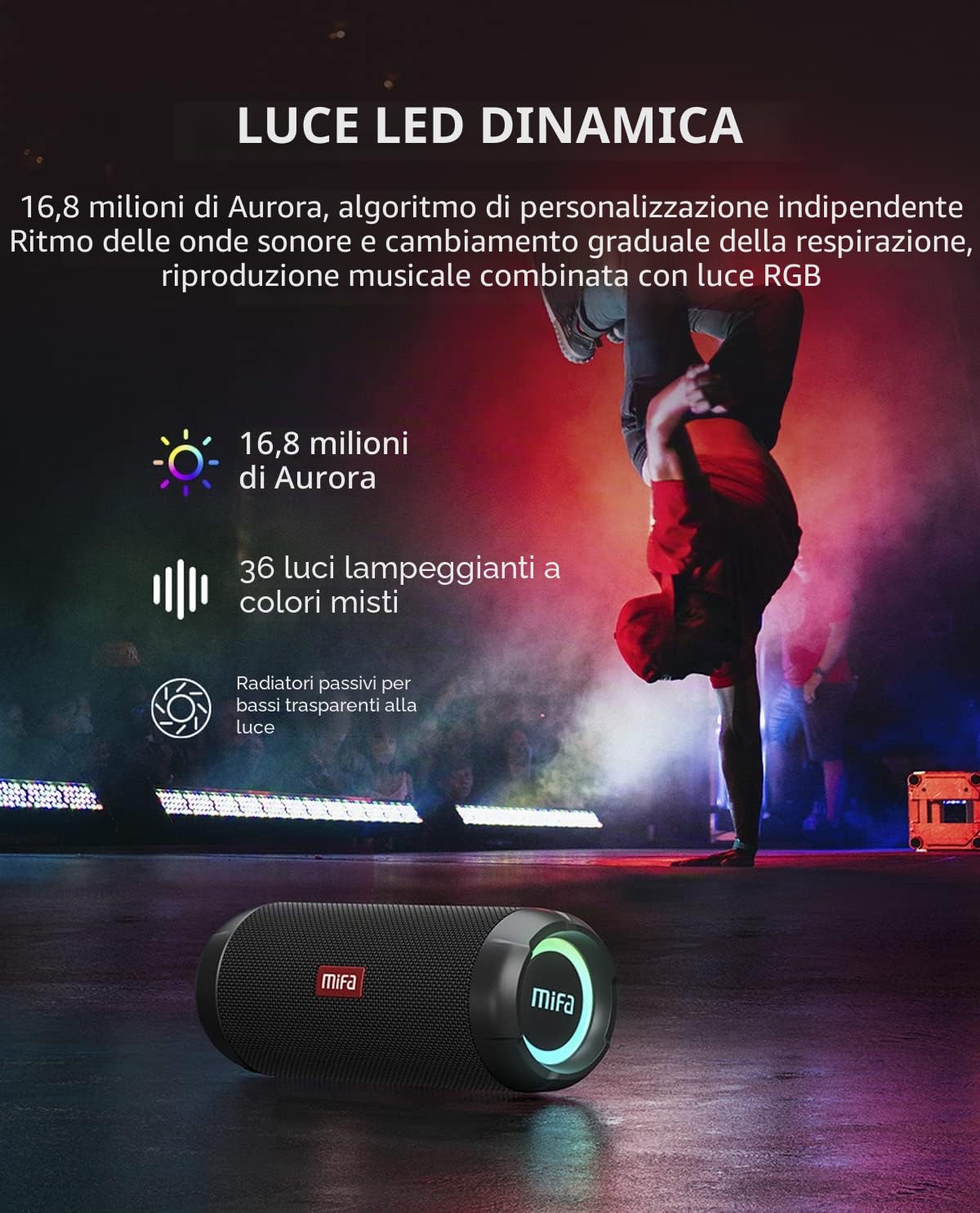 MIFA WildRod Casse Bluetooth 5.3 IP67 Impermeabile e Antipolvere, Potenza di Riproduzione 30 W, Batteria da 12 ore, Ricarica USB-C e supporto Micro-SD, luce LED RGB, Nero