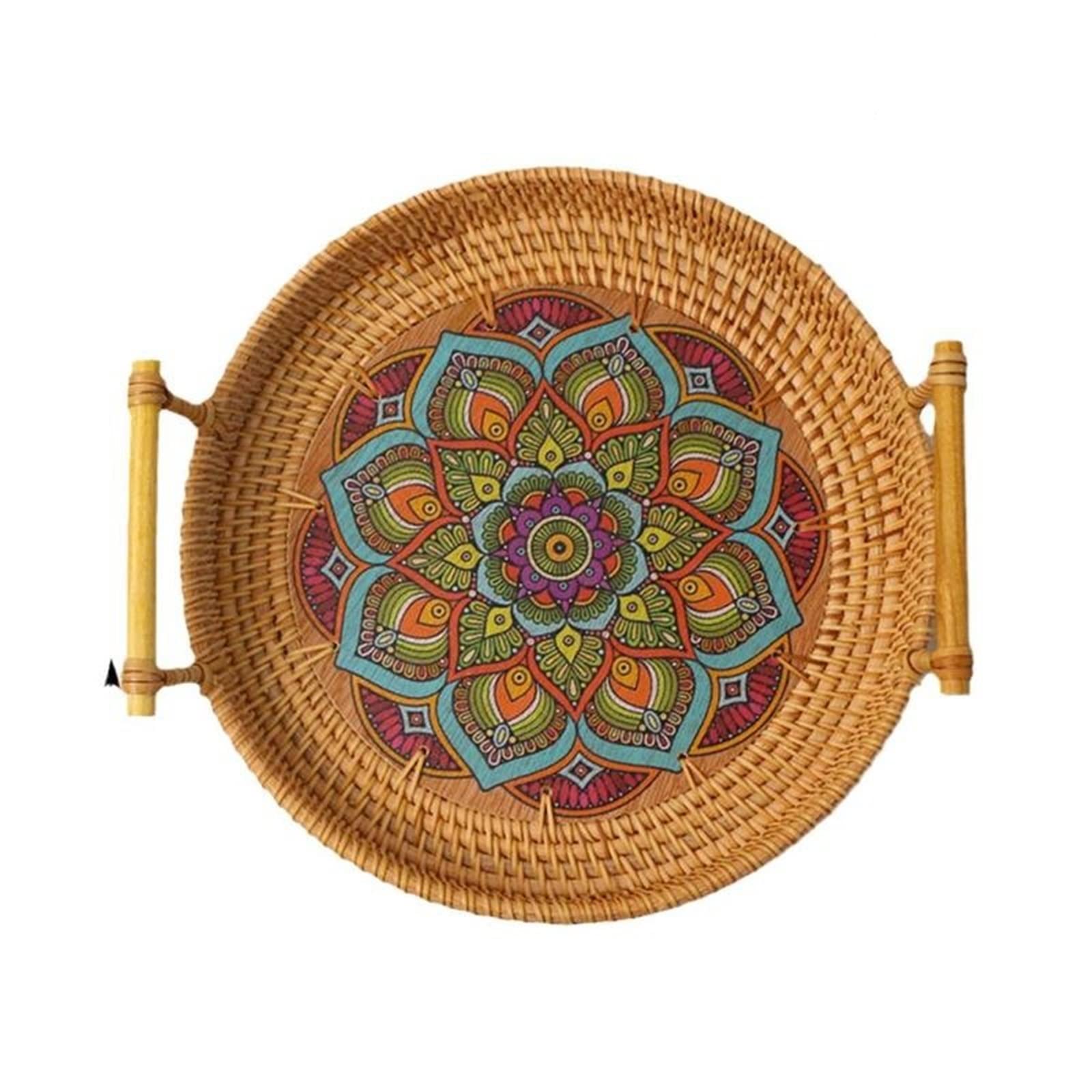 JINGYAN Breakfast Trays Rattan Handwoven Round Serving Tray Food Storage Plate With Wooden Handles Wicker Basket Wood For Fruit Breadbask(24cm)