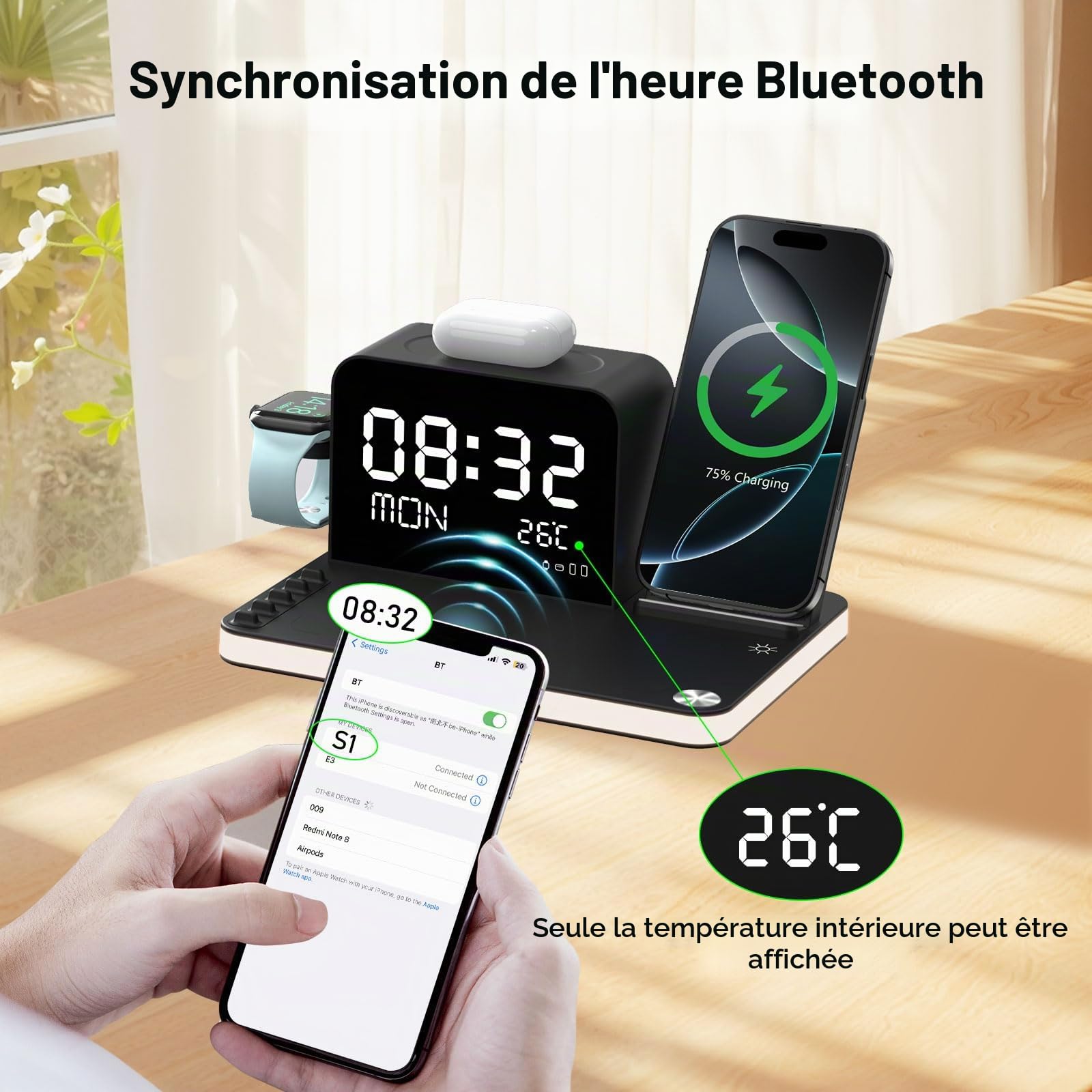 Chargeur sans Fil 7-en-1 avec Horloge, température et Date, Compatible avec iPhone 17/16/15/14/13 Pro Max, AirPods et Apple Watch, Compatible avec Samsung S25/S24, veilleuse réglable, Adaptateur 33W